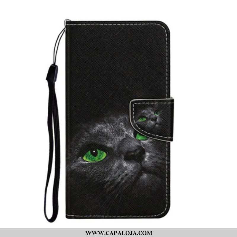 Capa Folio Para iPhone 13 Pro Olhos De Gato Verde Com Cordão