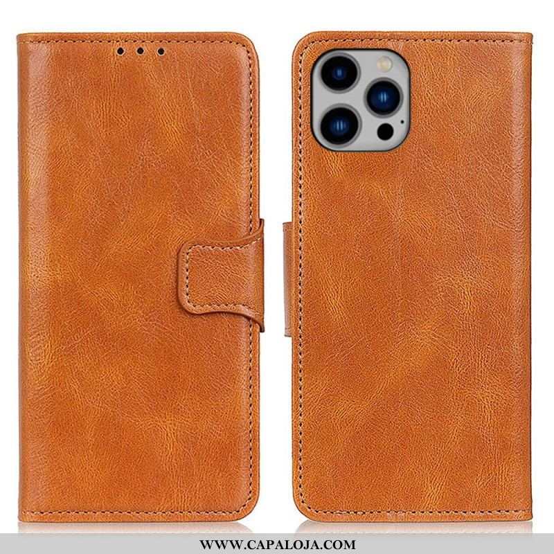 Capa Folio Para iPhone 14 Plus Fecho Reversível Efeito Couro