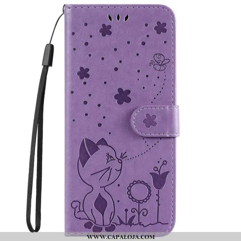 Capa Folio Para iPhone 14 Pro Max De Cordão Strappy Gato E Abelhas