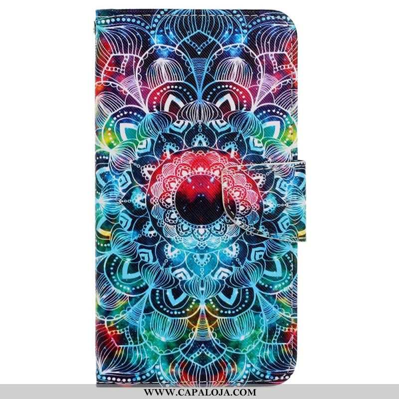 Capa Folio Para iPhone 15 De Cordão Mandala Colorida Com Alça