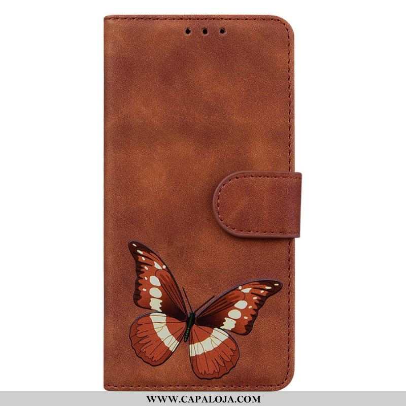 Capa Folio Para iPhone 15 Plus Borboleta De Imitação De Couro