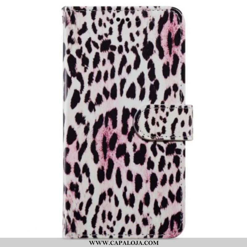 Capa Folio Para iPhone 15 Plus De Cordão Efeito Pele De Leopardo Com Alça