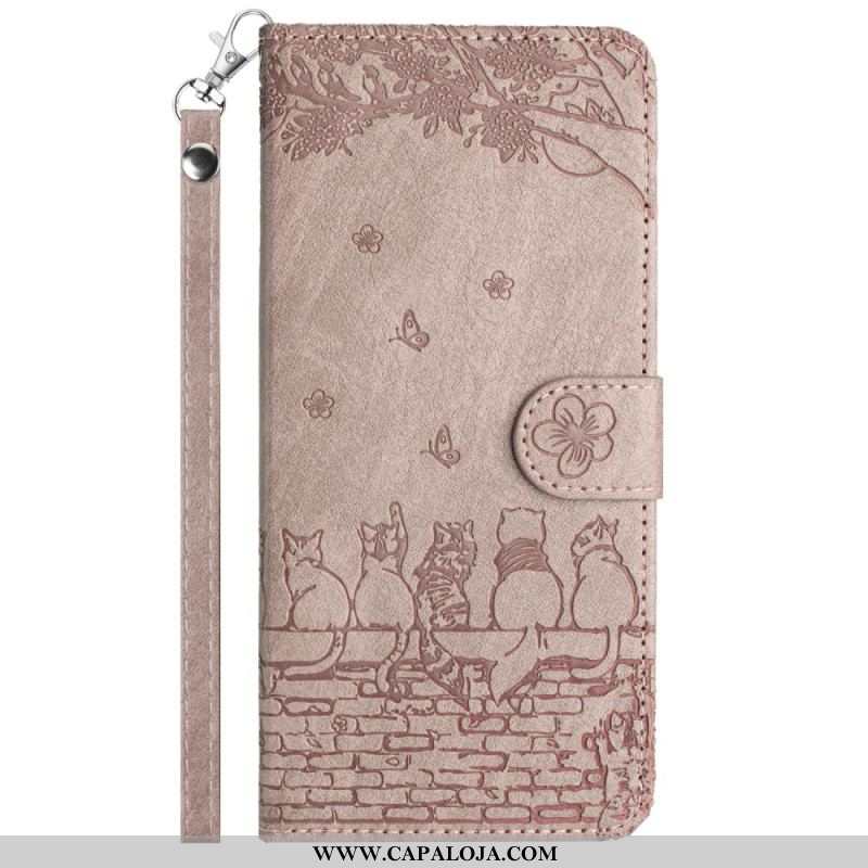 Capa Folio Para iPhone 15 Plus De Cordão Gato Floral Com Alça