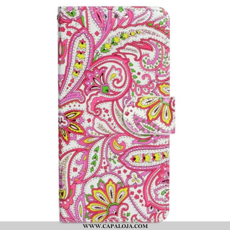 Capa Folio Para iPhone 15 Plus De Cordão Padrão Colorido Com Alça