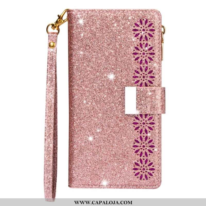 Capa Folio Para iPhone 15 Pro Max Glitter Com Porta Moedas