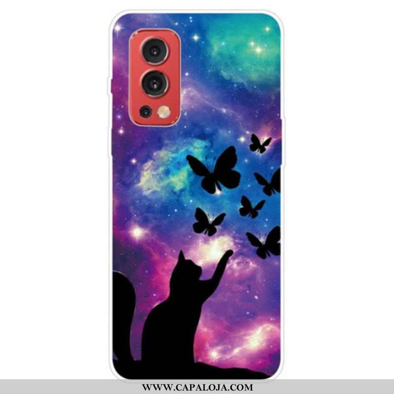 Capa Para OnePlus Nord 2 5G Gato E Borboletas No Espaço