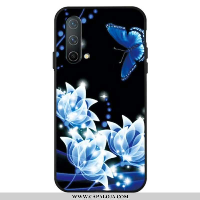 Capa Para OnePlus Nord CE 5G Borboleta E Flores Azuis