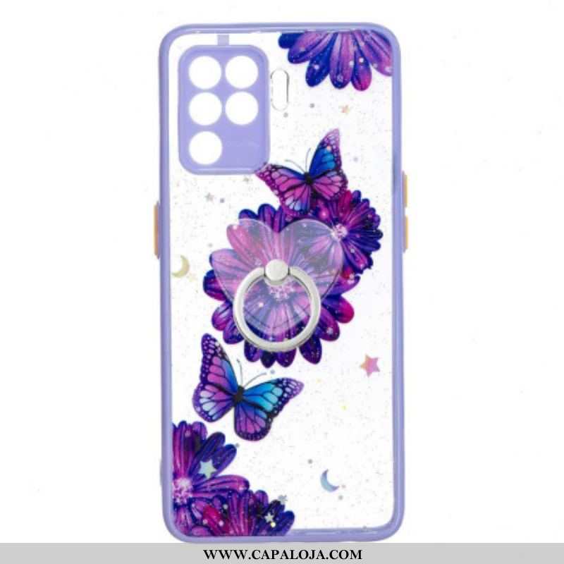 Capa Para Oppo A94 5G Borboleta Flor Roxa Com Anel