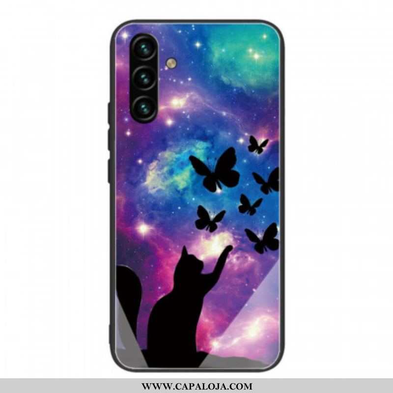 Capa Para Samsung Galaxy A13 5G / A04s Gato De Vidro Temperado E Borboletas No Espaço