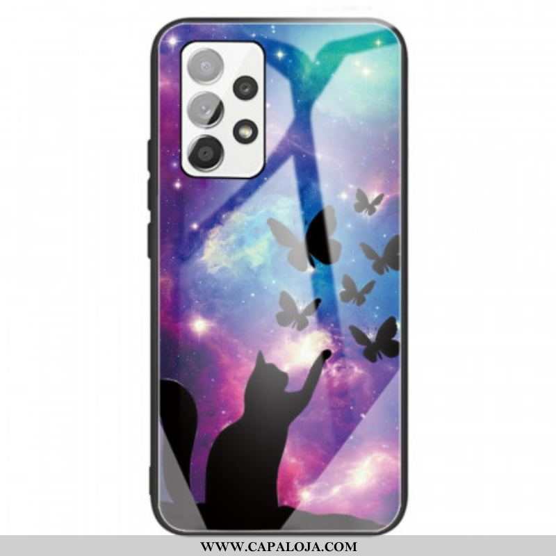 Capa Para Samsung Galaxy A13 Gato E Borboletas De Vidro Temperado