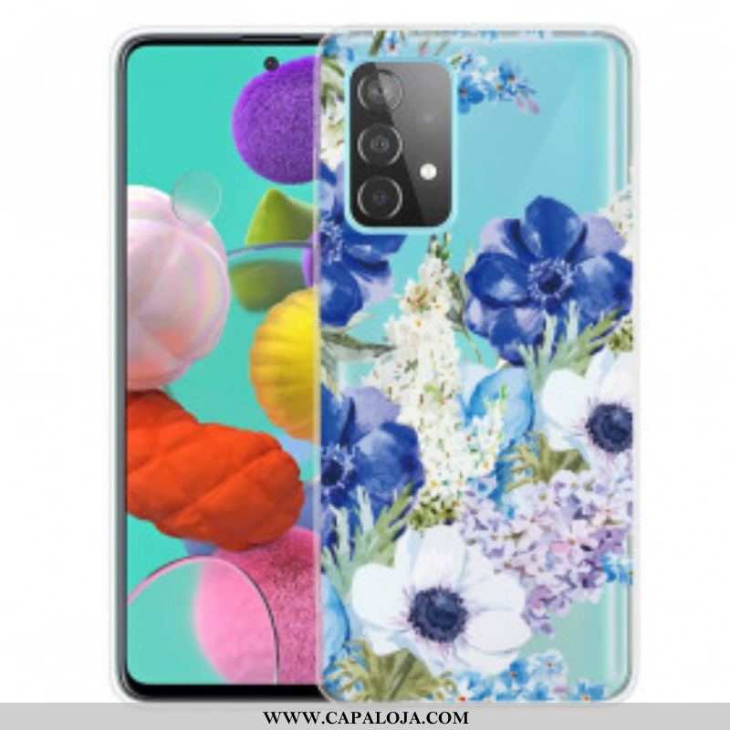 Capa Para Samsung Galaxy A52 4G / A52 5G / A52s 5G Flores Azuis Em Aquarela Sem Costura