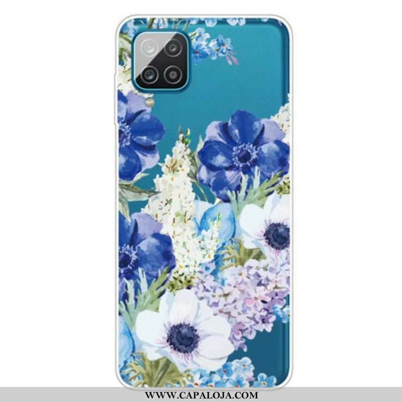 Capa Para Samsung Galaxy M12 / A12 Flores Azuis Em Aquarela Sem Costura