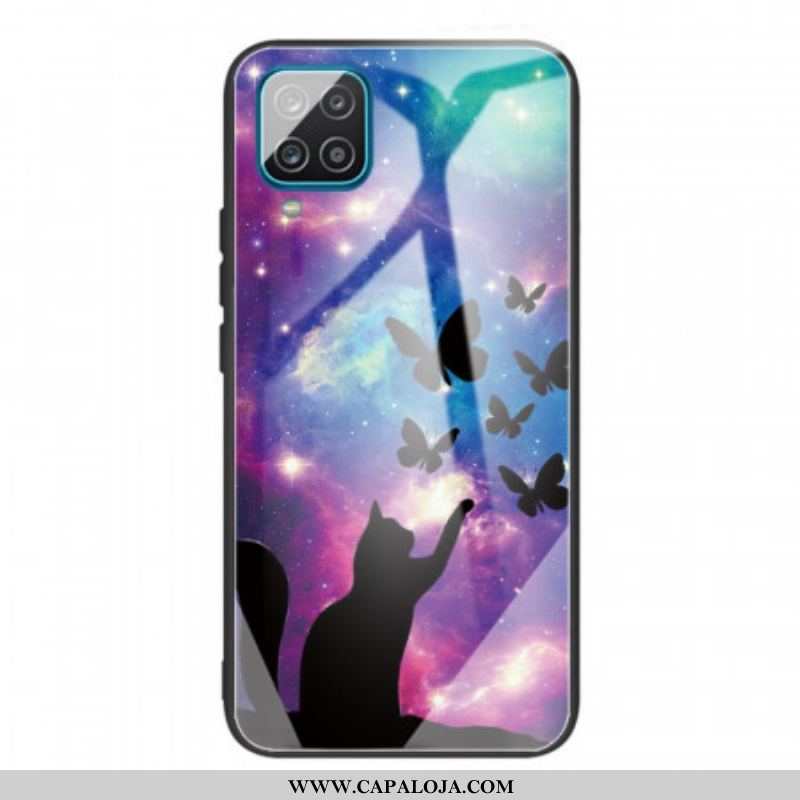 Capa Para Samsung Galaxy M32 Gato De Vidro Temperado E Borboletas No Espaço