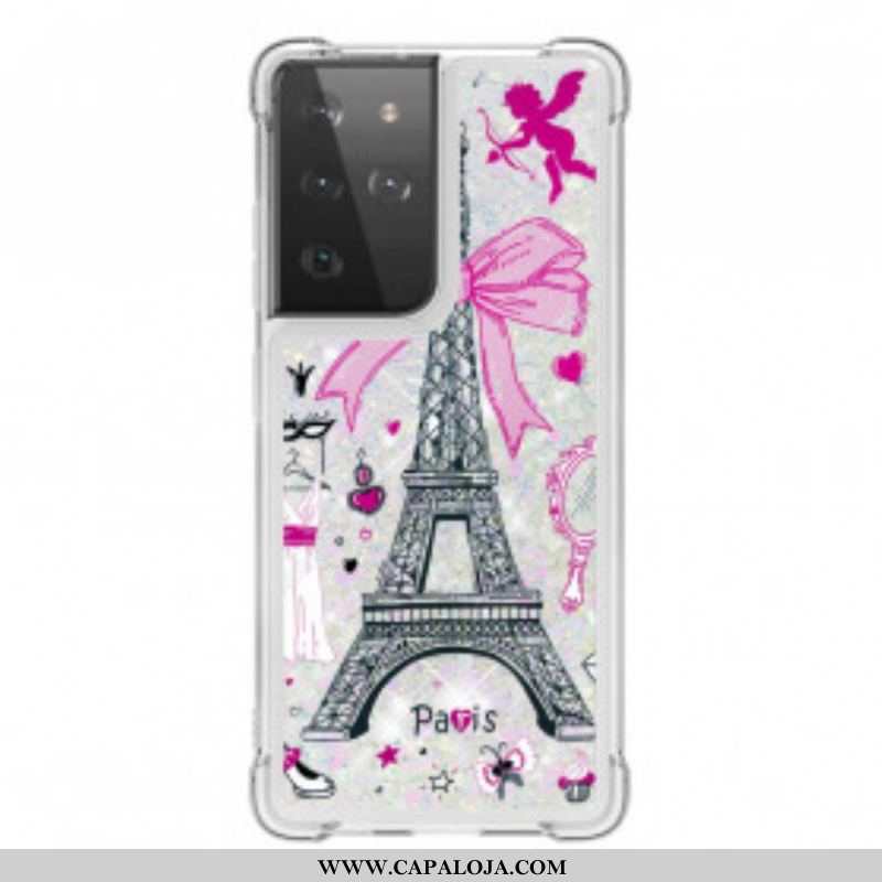 Capa Para Samsung Galaxy S21 Ultra 5G As Lantejoulas Da Torre Eiffel