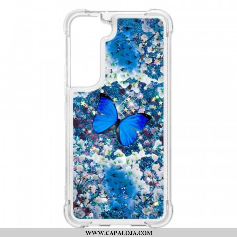 Capa Para Samsung Galaxy S22 5G Borboletas Azuis Brilhantes