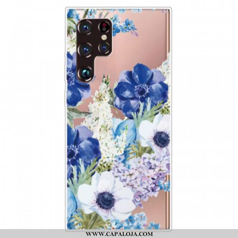 Capa Para Samsung Galaxy S22 Ultra 5G Aquarela Flores Azuis