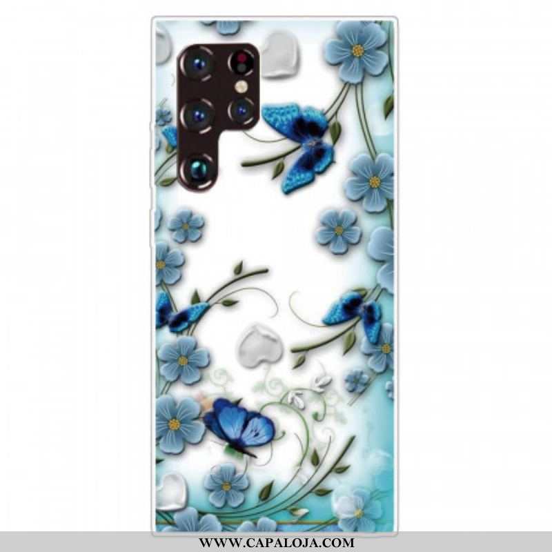 Capa Para Samsung Galaxy S22 Ultra 5G Borboletas E Flores Retrô