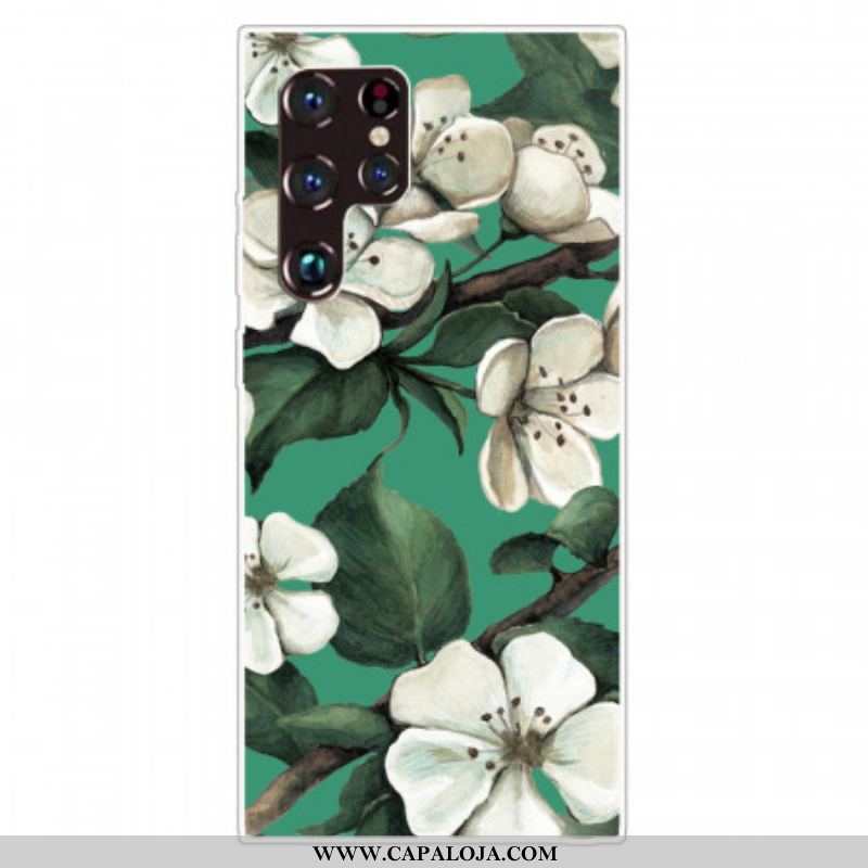 Capa Para Samsung Galaxy S22 Ultra 5G Flores Brancas Pintadas