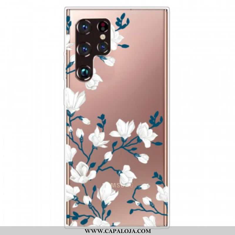 Capa Para Samsung Galaxy S22 Ultra 5G Flores Brancas Sem Costura