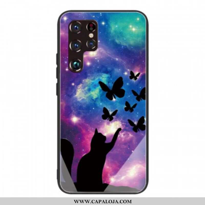 Capa Para Samsung Galaxy S22 Ultra 5G Gato De Vidro Temperado E Borboletas No Espaço