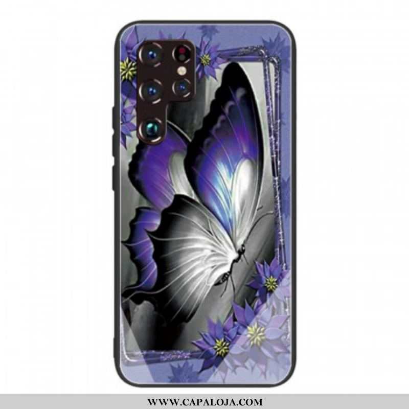 Capa Para Samsung Galaxy S22 Ultra 5G Vidro Temperado Borboleta Roxa