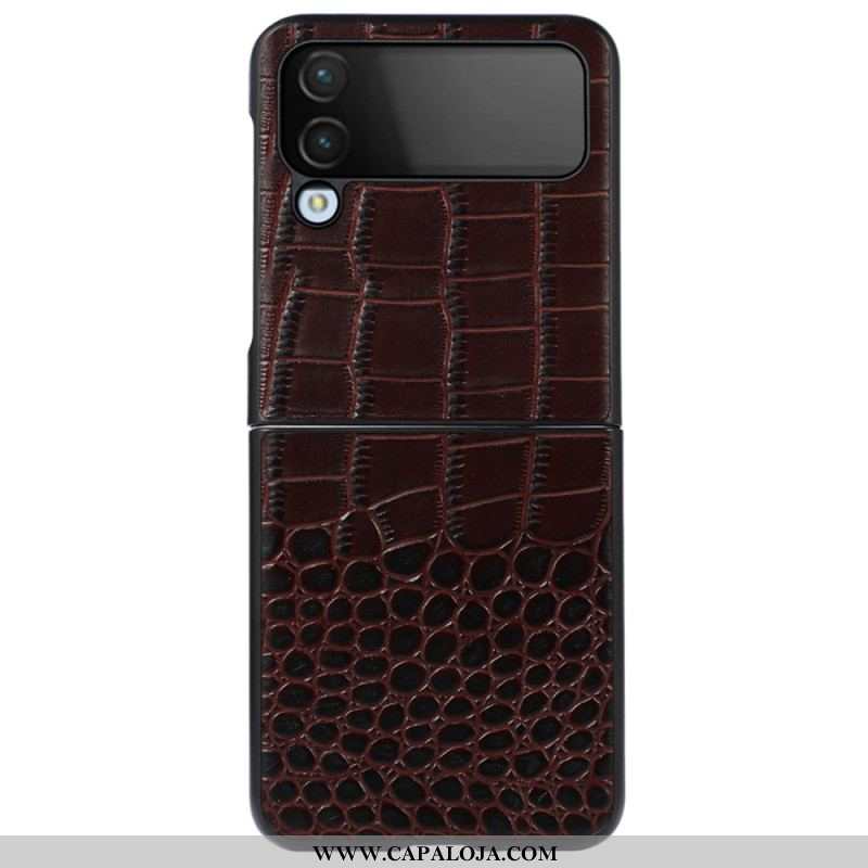 Capa Para Samsung Galaxy Z Flip 4 De Couro Couro Genuíno Efeito Crocodilo