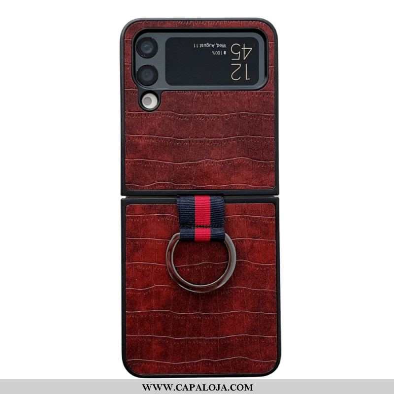 Capa Para Samsung Galaxy Z Flip 4 De Couro Croco E Design De Anel