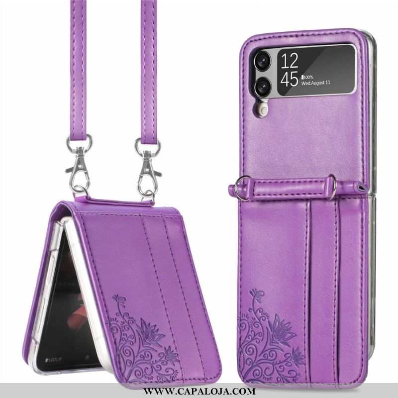 Capa Para Samsung Galaxy Z Flip 4 De Couro Flores De Alça De Ombro