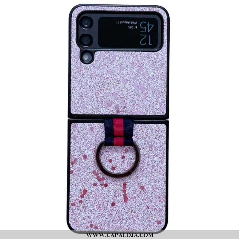 Capa Para Samsung Galaxy Z Flip 4 De Couro Lantejoulas Com Anel