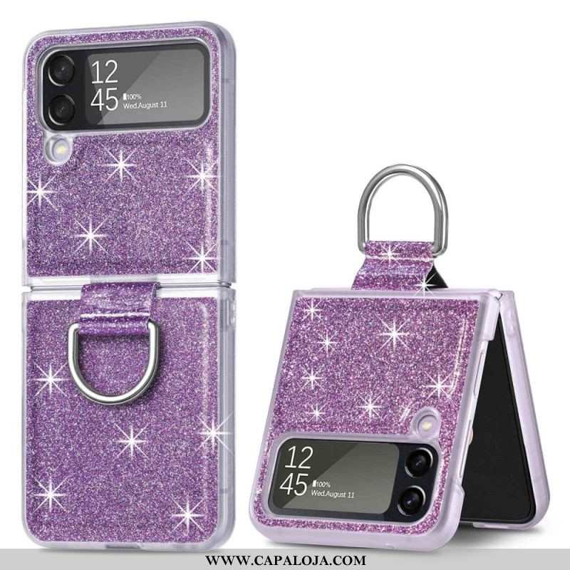 Capa Para Samsung Galaxy Z Flip 4 De Couro Lantejoulas E Anel