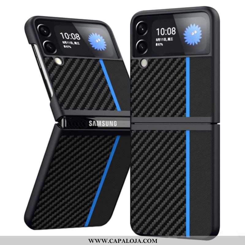 Capa Para Samsung Galaxy Z Flip 4 De Couro Linha De Fibra De Carbono