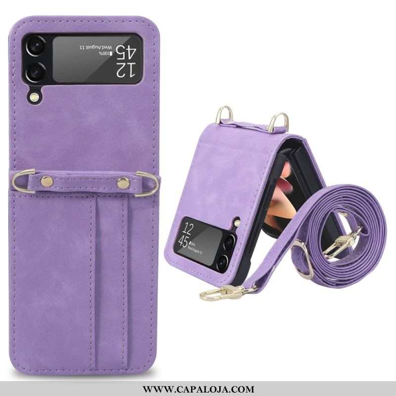 Capa Para Samsung Galaxy Z Flip 4 De Couro Porta-cartões Estilo Couro E Cordão