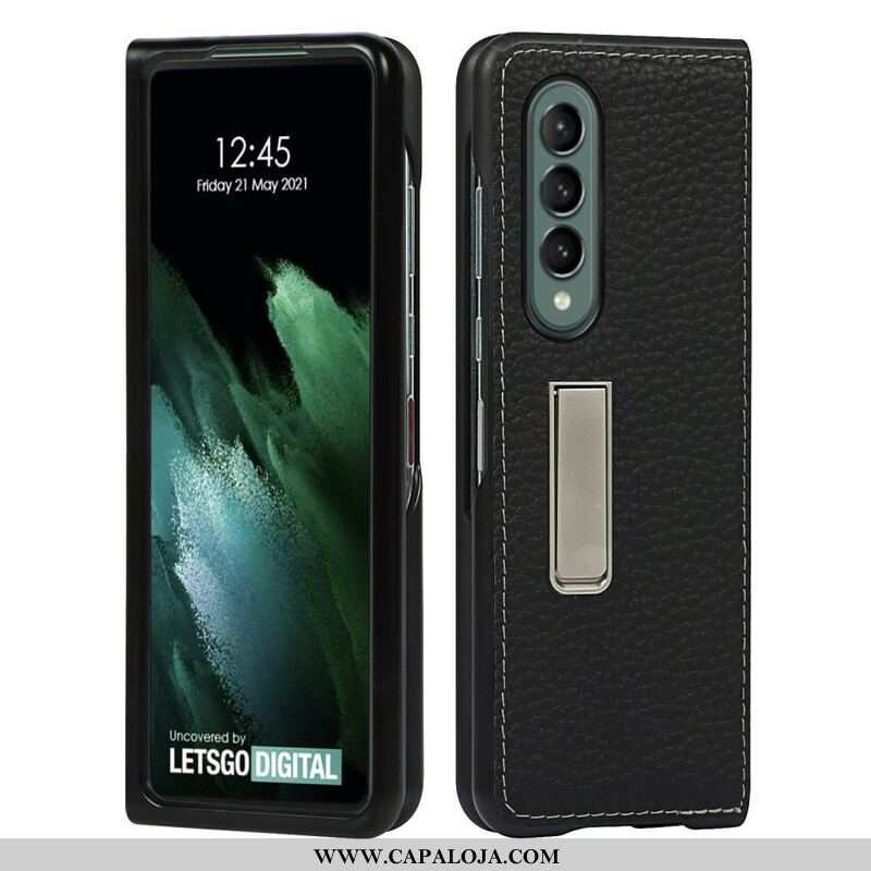 Capa Para Samsung Galaxy Z Fold 3 5G Suporte Mãos Livres De Couro De Lichia Genuíno