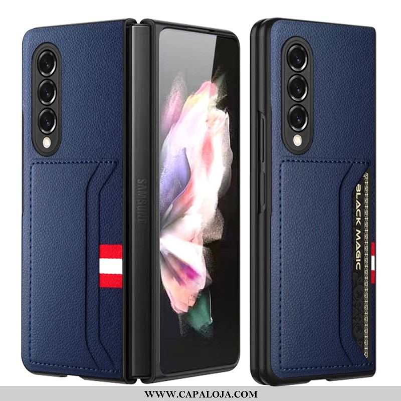 Capa Para Samsung Galaxy Z Fold 3 5G Titular De Cartão Duplo De Couro De Lichia