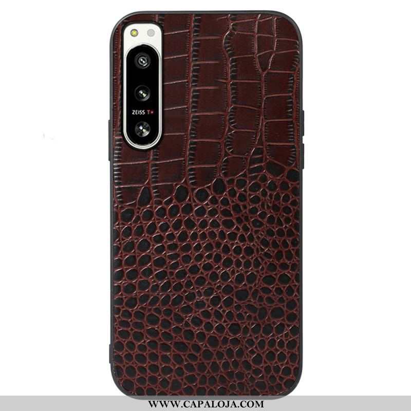 Capa Para Sony Xperia 5 IV Couro Genuíno Com Textura De Crocodilo