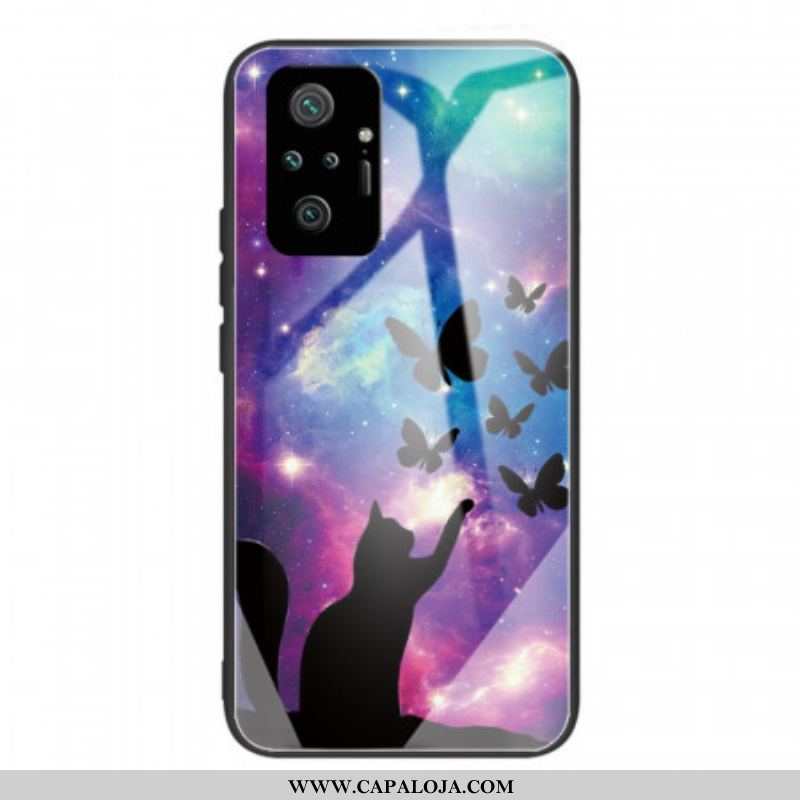 Capa Para Xiaomi Redmi Note 10 Pro Gato De Vidro Temperado E Borboletas No Espaço