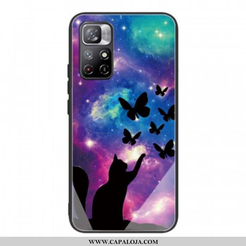 Capa Para Xiaomi Redmi Note 11 Pro Plus 5G Gato De Vidro Temperado E Borboletas No Espaço