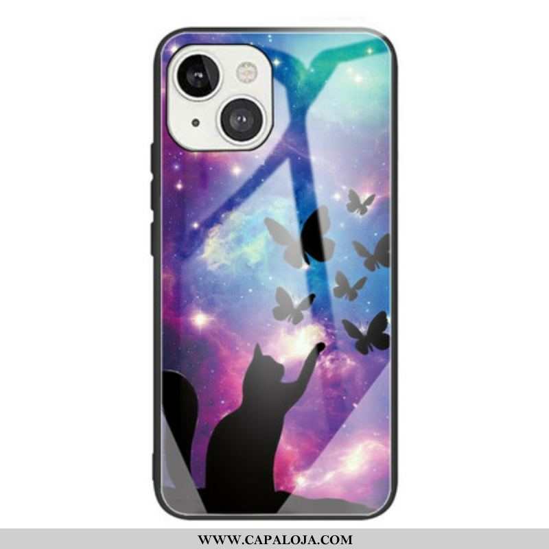 Capa Para iPhone 13 Mini Gato De Vidro Temperado E Borboletas No Espaço