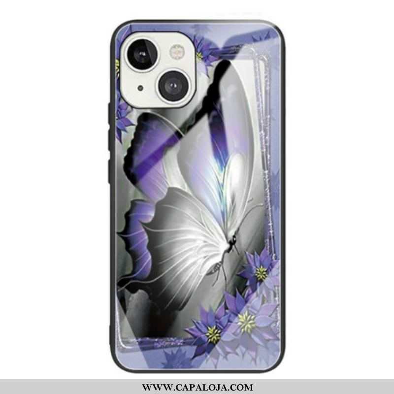 Capa Para iPhone 13 Mini Vidro Temperado Borboleta Roxa