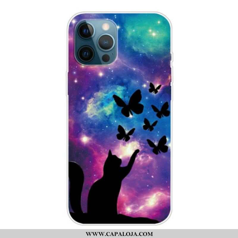 Capa Para iPhone 13 Pro Gato E Borboletas No Espaço