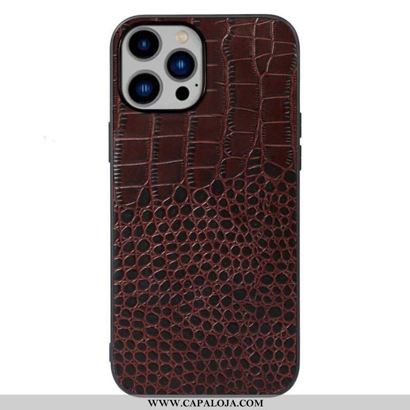 Capa Para iPhone 14 Plus Couro Genuíno Com Textura De Crocodilo