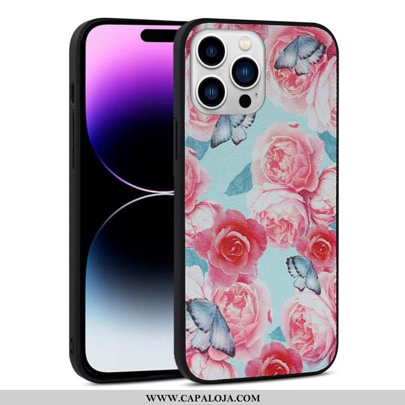 Capa Para iPhone 14 Pro Couro Sintético Floral