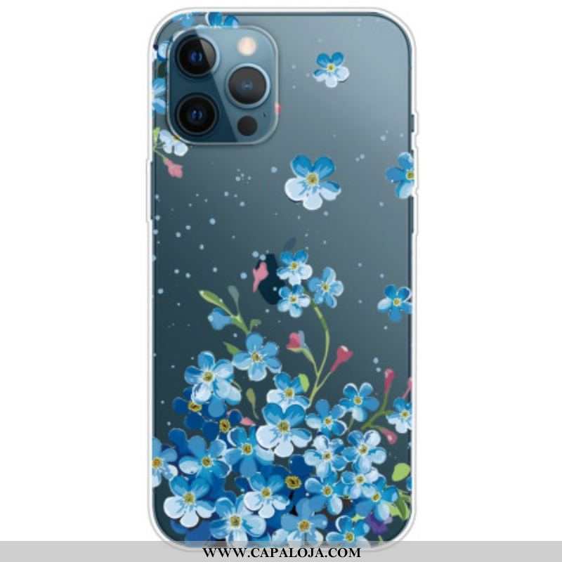 Capa Para iPhone 14 Pro Flores Azuis Sem Costura