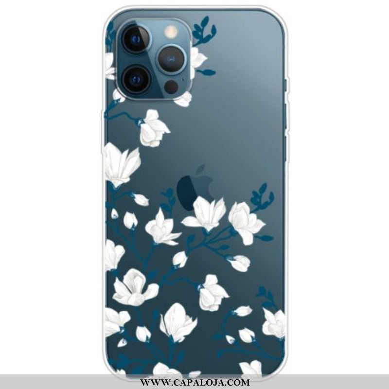 Capa Para iPhone 14 Pro Flores Brancas Sem Costura