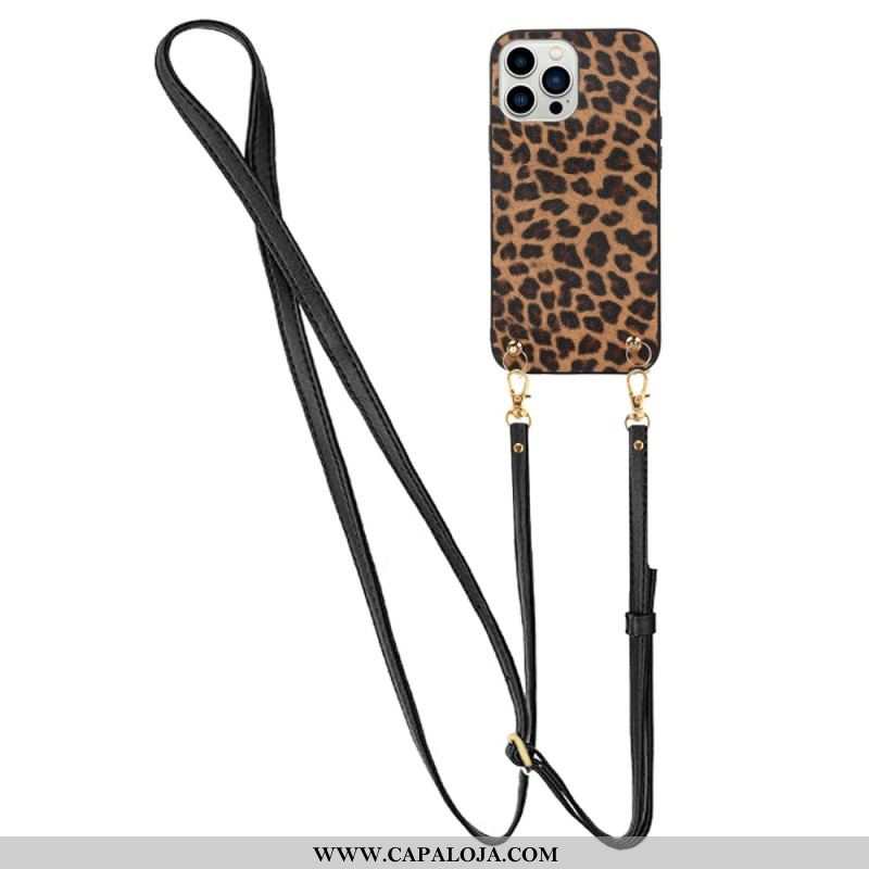 Capa Para iPhone 14 Pro Leopardo Com Alça De Ombro