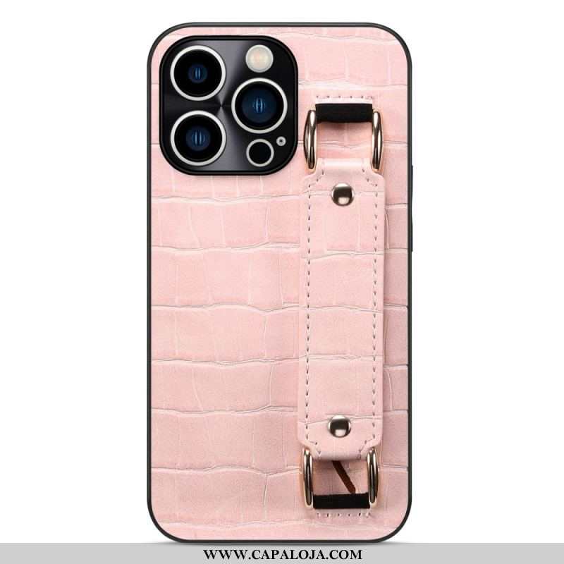 Capa Para iPhone 14 Pro Titular Do Cartão Com Alça De Suporte Croco